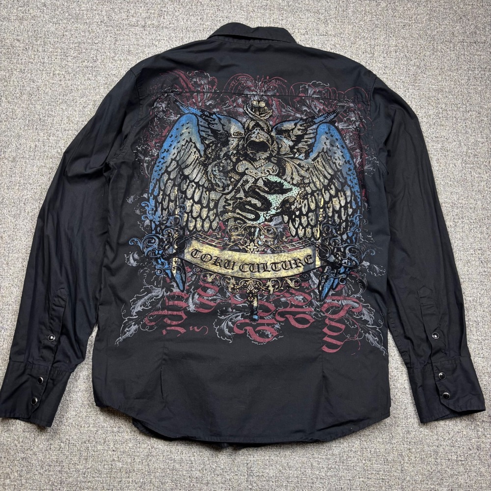 Toku Culture Mens L Black Graphic Long Sleeve Snap Button Down Shirt MMA Y2K